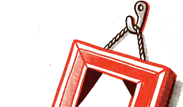 A small red picture frame hung low on a wall