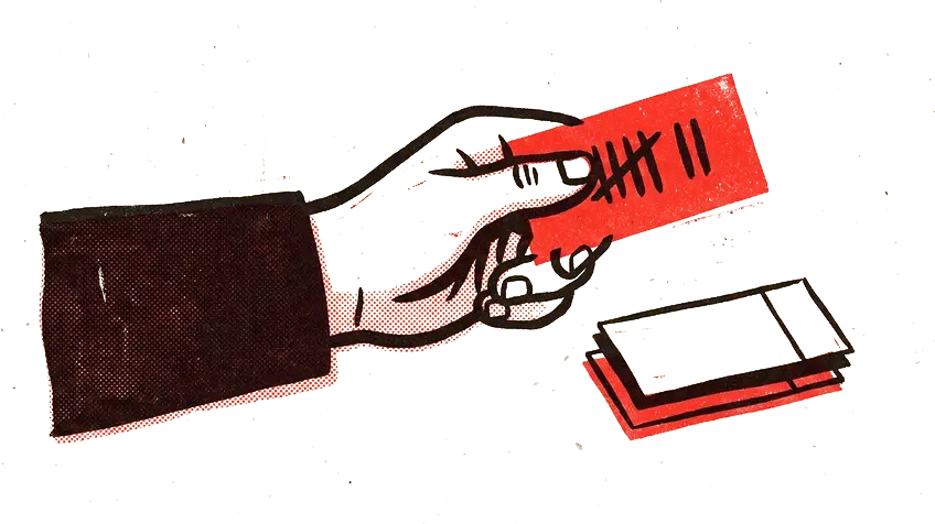 A hand holding up a red tally card with marks counted on it