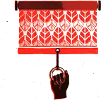 A red roller blind pulled down, with a hand on the cord