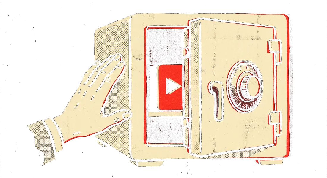 A closed strongbox with the red video tile locked inside, and a hand stopped flat against the door
