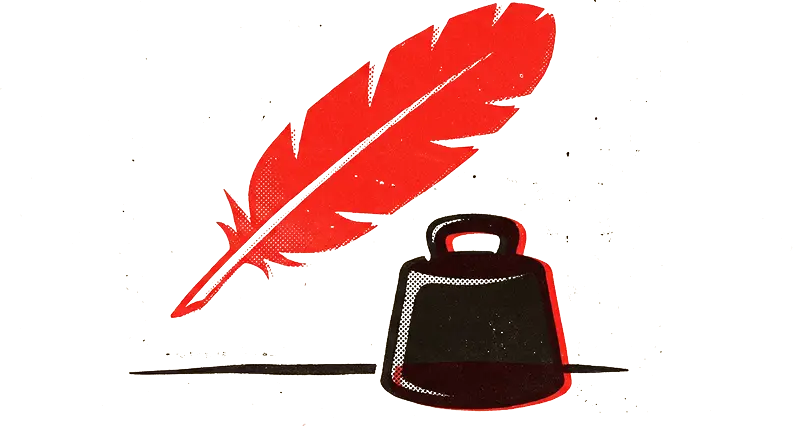 A red feather drifting down beside a heavy black iron weight